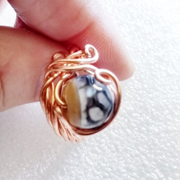 Size 7 ~ One-of-a-kind! Dragonvein Agate + Rock Bead - Embellished Copper Ring - Picture 2 of 12